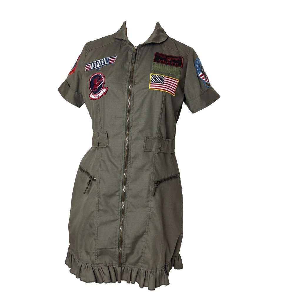 Top Gun Womens M Halloween Costume Leg Avenue Army Green Dress Patches Goose